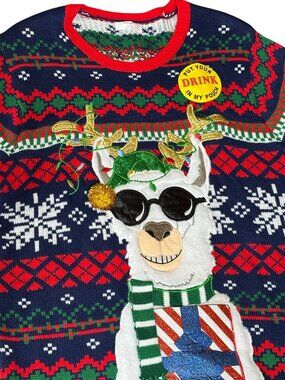 Ugly Christmas Sweater Llama Drink Pouch Sz L 14/16 3D Funny Holiday Pullover